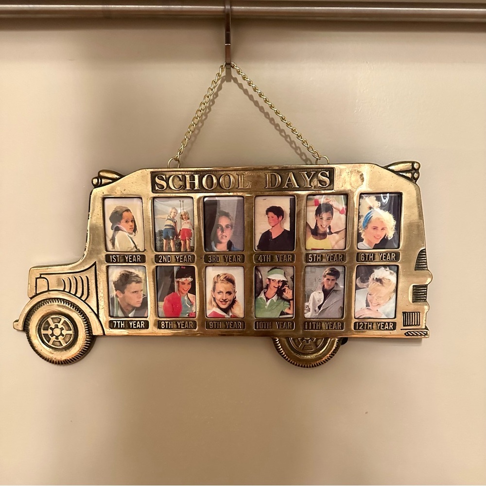 Vintage Brass School Bus Picture Frame | 12 Year School Days Photo Holder | Kids